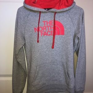 Gray and pink north face sweatshirt